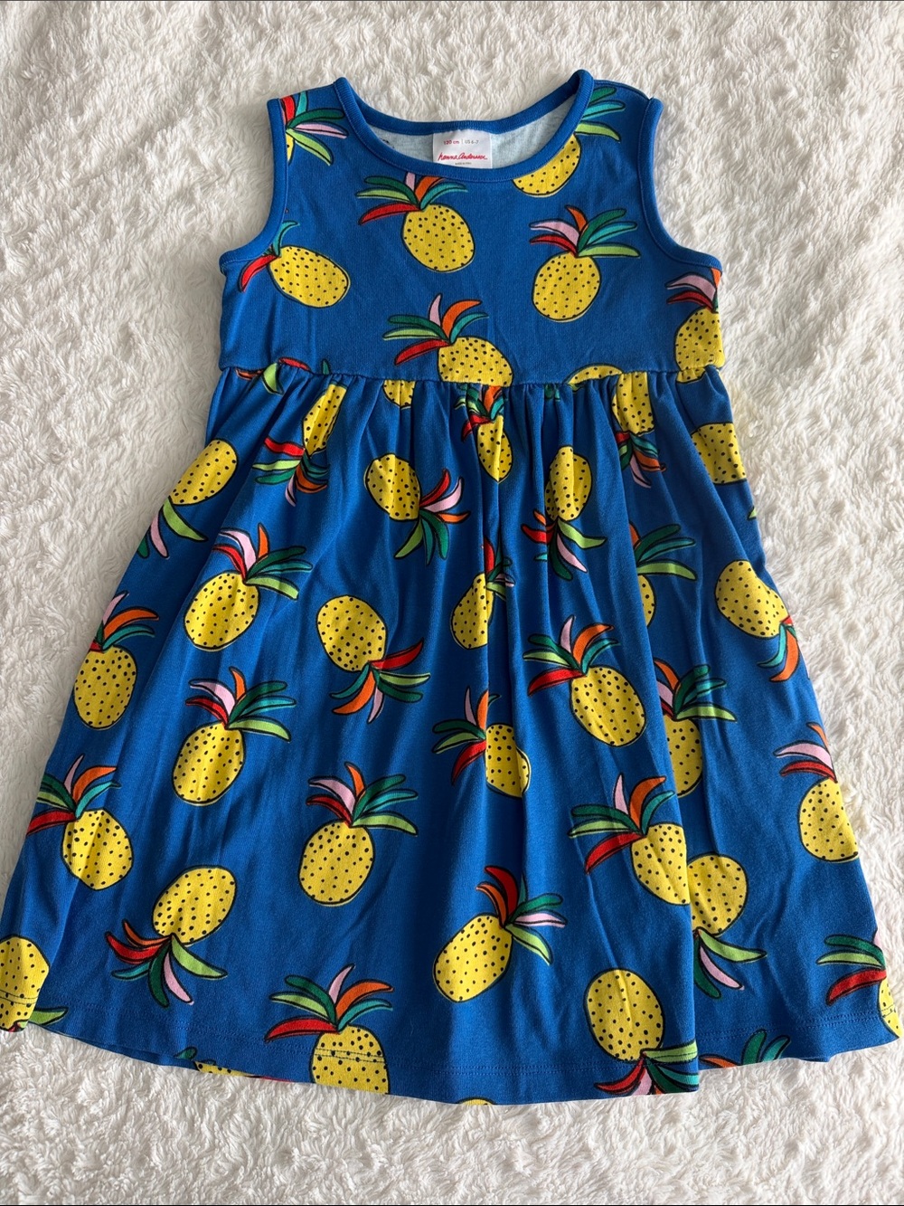 Hanna Andersson girls size 6-7 blue pineapple print sleeveless knit dress summer